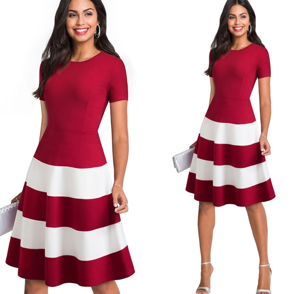 1950s Retro Contrast Color Crew Neck Striped Skirt